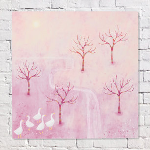 Pink Orchard with Geese Landscape Painting Metal Print