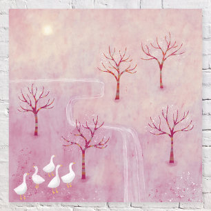 Pink Orchard with Geese Landscape Painting Poster