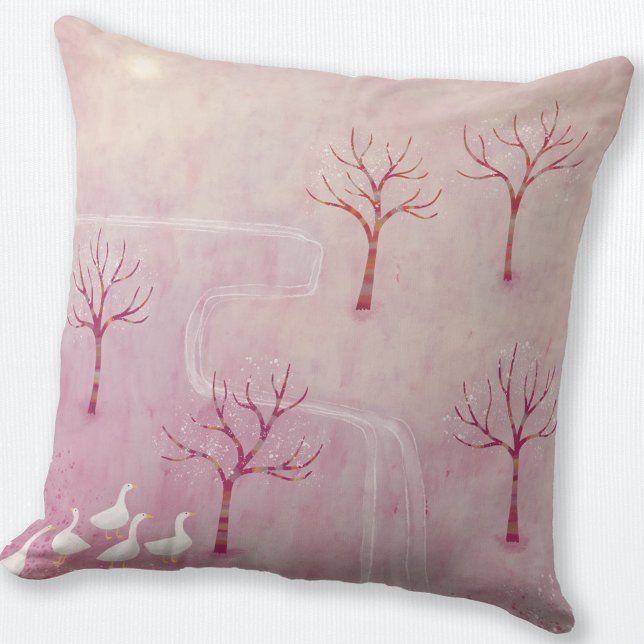 Pink Orchard with Geese Landscape Painting Throw Pillow (Geese in the Orchard pink landscape art throw pillow)