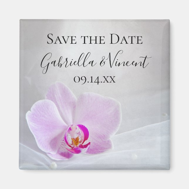 Pink Orchid and Bridal Veil Wedding Save the Date Magnet (Front)