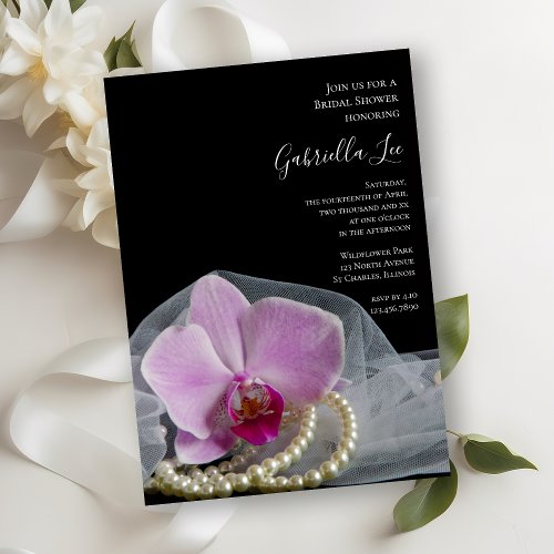 Pink Orchid and Pearls on Black Bridal Shower Invitation