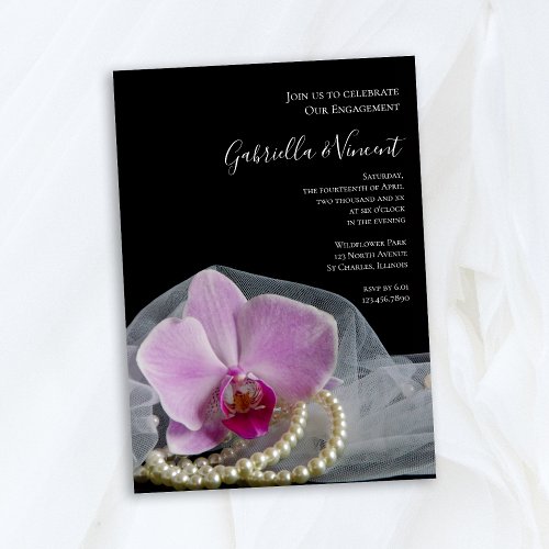 Pink Orchid and Pearls on Black Engagement Party Invitation