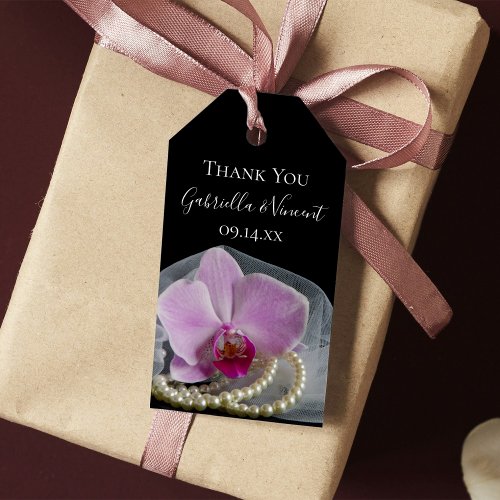 Pink Orchid and Pearls on Black Wedding Favor Tags