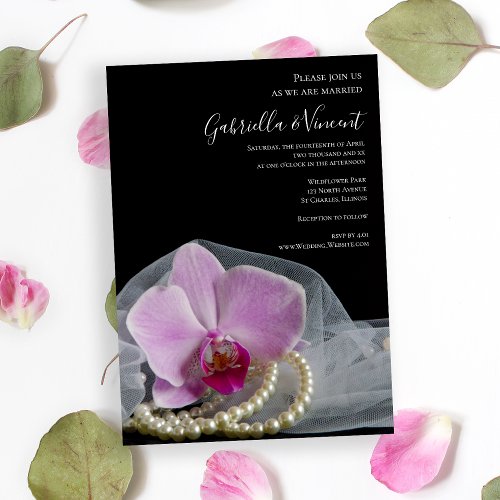 Pink Orchid and Pearls on Black Wedding Invitation