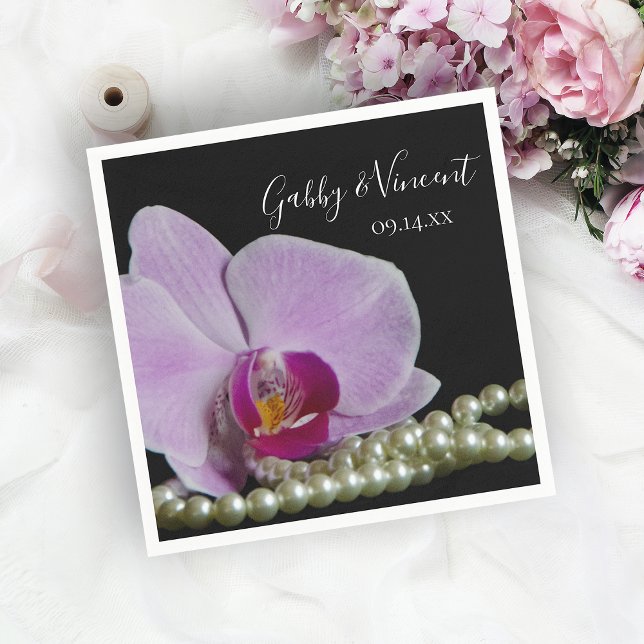 Pink Orchid and Pearls on Black Wedding Napkins (Creator Uploaded)