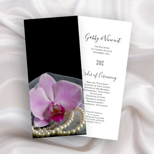 Pink Orchid and Pearls on Black Wedding Program