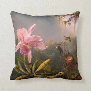 Pink Orchid and Three Hummingbirds Pillow