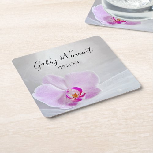 Pink Orchid and White Bridal Veil Wedding Square Paper Coaster