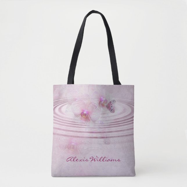 pink orchid blossoms with butterfly tote bag (Front)