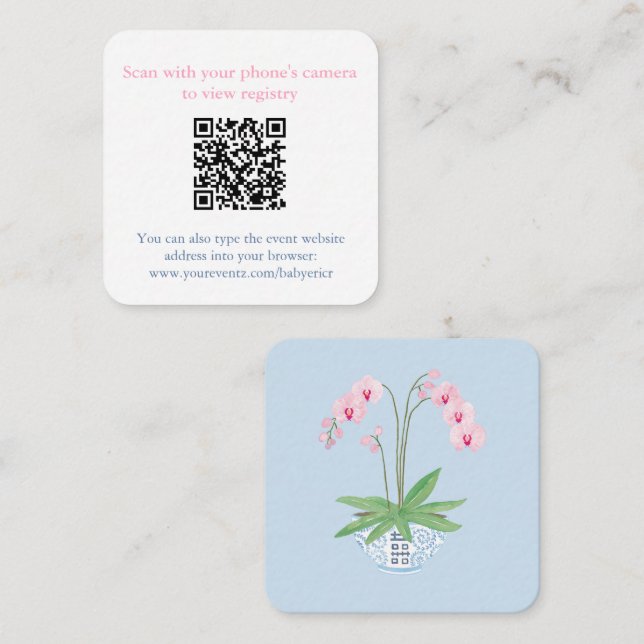 Pink Orchid Chinoiserie Chic Baby Shower QR Code Enclosure Card (Front/Back)
