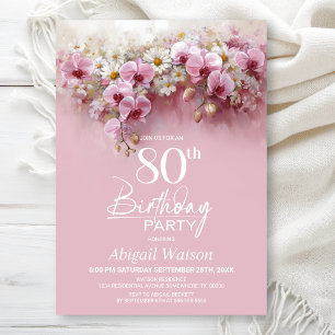 Pink Orchid Floral 80th Birthday Party Invitation