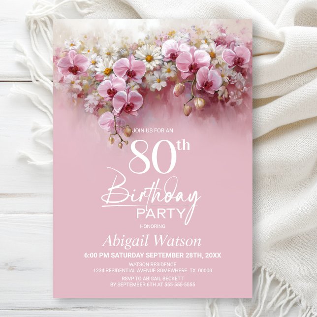 Pink Orchid Floral 80th Birthday Party Invitation (Creator Uploaded)