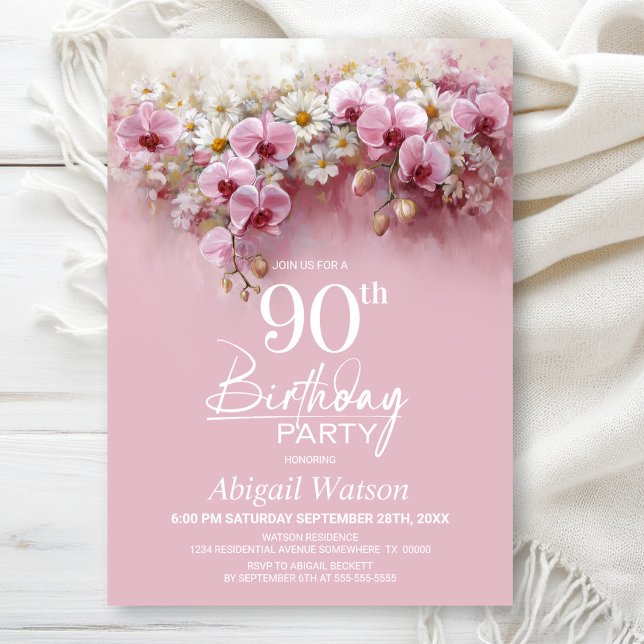 Pink Orchid Floral 90th Birthday Party Invitation (Creator Uploaded)