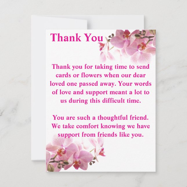 Pink Orchid Floral Funeral Sympathy Thank You Card (Front)