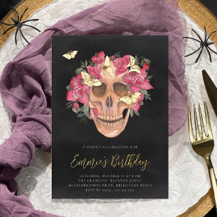 Pink Orchid Floral Skull Halloween Birthday Party Foil Invitation