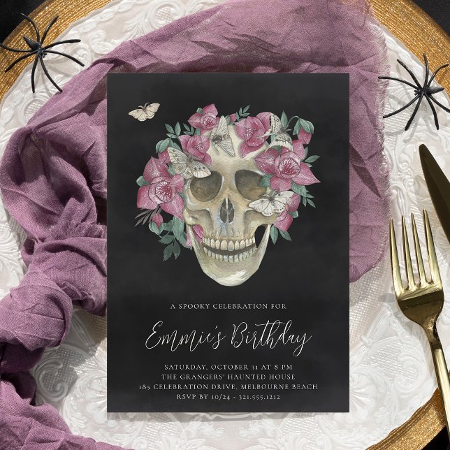 Pink Orchid Floral Skull Halloween Birthday Party Invitation (Creator Uploaded)