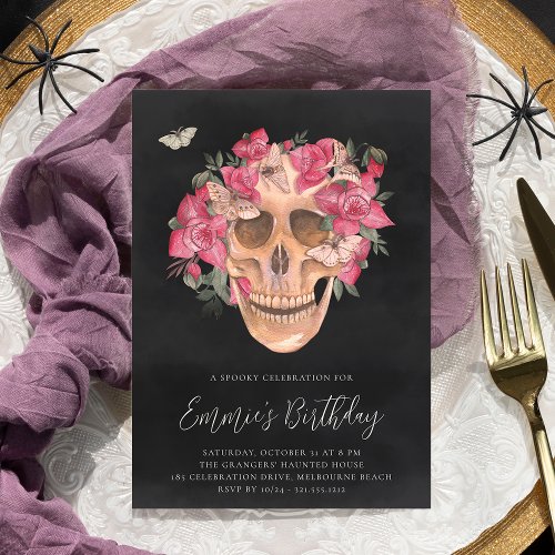 Pink Orchid Floral Skull Halloween Birthday Party Invitation