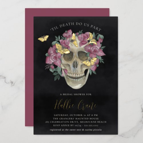 Pink Orchid Floral Skull Halloween Bridal Shower Foil Invitation