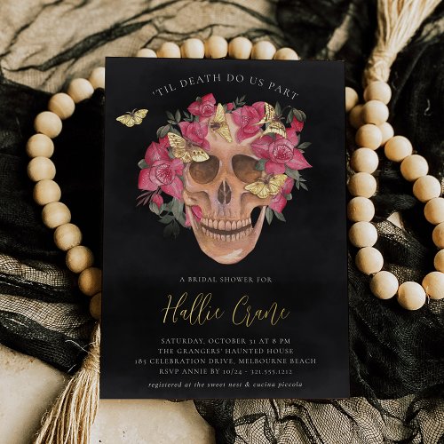 Pink Orchid Floral Skull Halloween Bridal Shower Foil Invitation