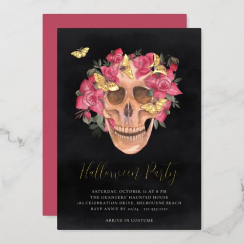 Pink Orchid Floral Skull Halloween Party Foil Invitation