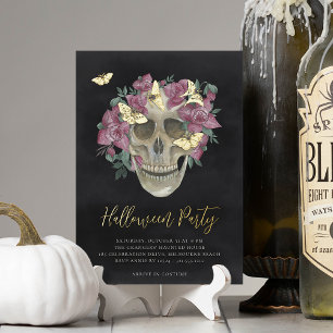 Pink Orchid Floral Skull Halloween Party Foil Invitation