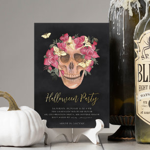Pink Orchid Floral Skull Halloween Party Foil Invitation