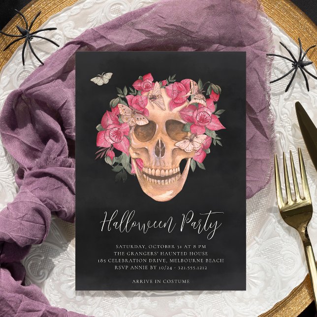 Pink Orchid Floral Skull Halloween Party Invitation (Creator Uploaded)
