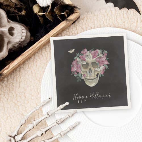 Pink Orchid Floral Skull Halloween Party Napkins