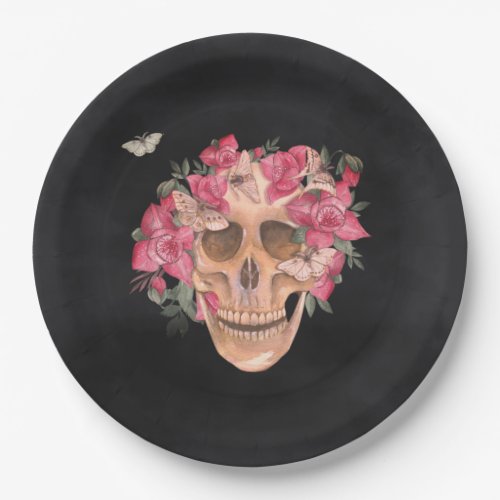 Pink Orchid Floral Skull Halloween Party Paper Plates