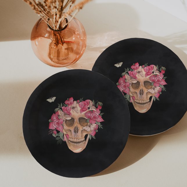 Pink Orchid Floral Skull Halloween Party Paper Plates (Creator Uploaded)