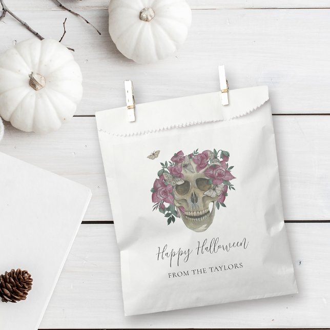 Pink Orchid Floral Skull Personalized Halloween Favor Bag (Creator Uploaded)