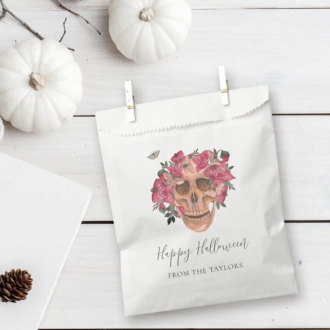 Pink Orchid Floral Skull Personalized Halloween Favor Bag (Creator Uploaded)