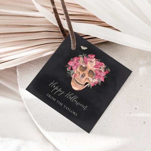Pink Orchid Floral Skull Personalized Halloween Favor Tags