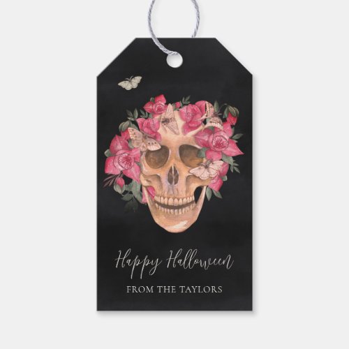 Pink Orchid Floral Skull Personalized Halloween Gift Tags