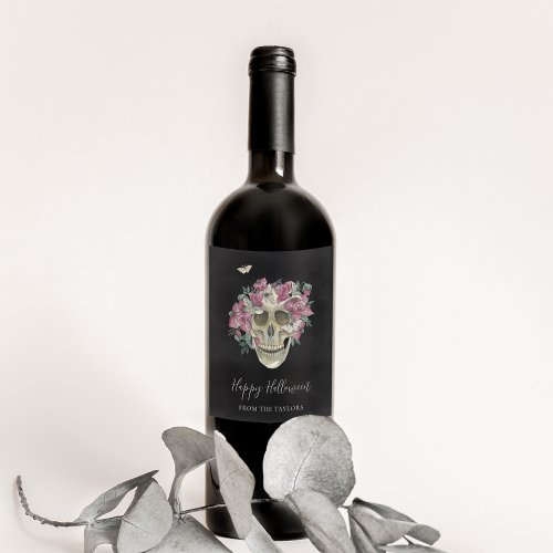 Pink Orchid Floral Skull Personalized Halloween Wine Label