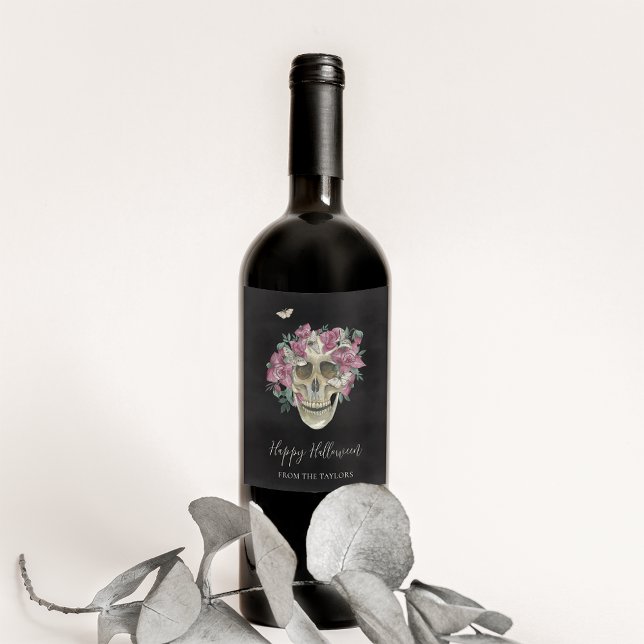 Pink Orchid Floral Skull Personalized Halloween Wine Label (Creator Uploaded)