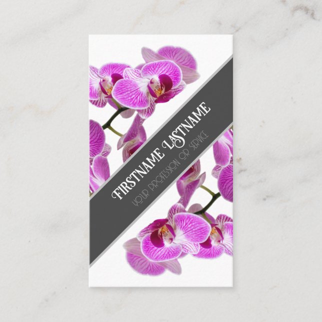 Pink orchid flower blossoms elegant gray diagonal business card (Front)