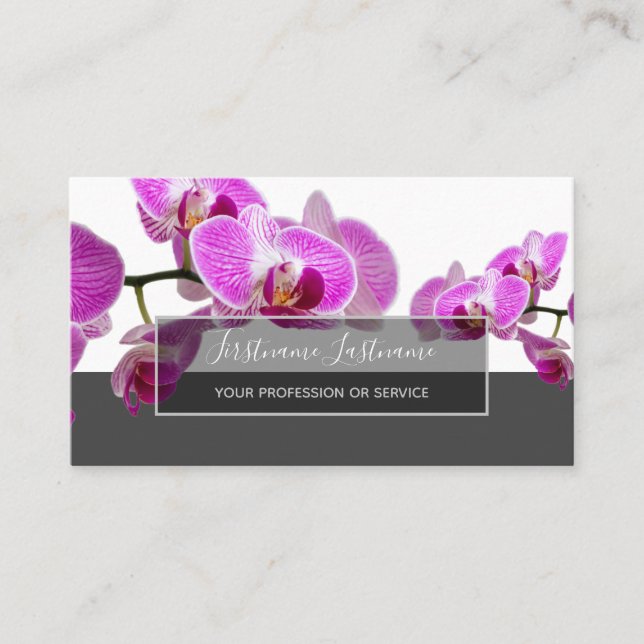 Pink orchid flower blossoms elegant gray rectangle business card (Front)