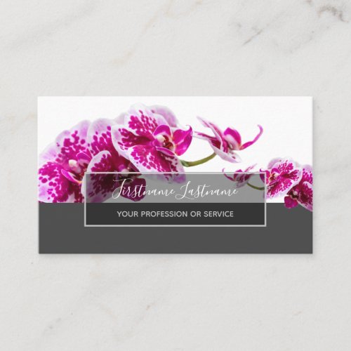 Pink orchid flower blossoms elegant gray rectangle business card