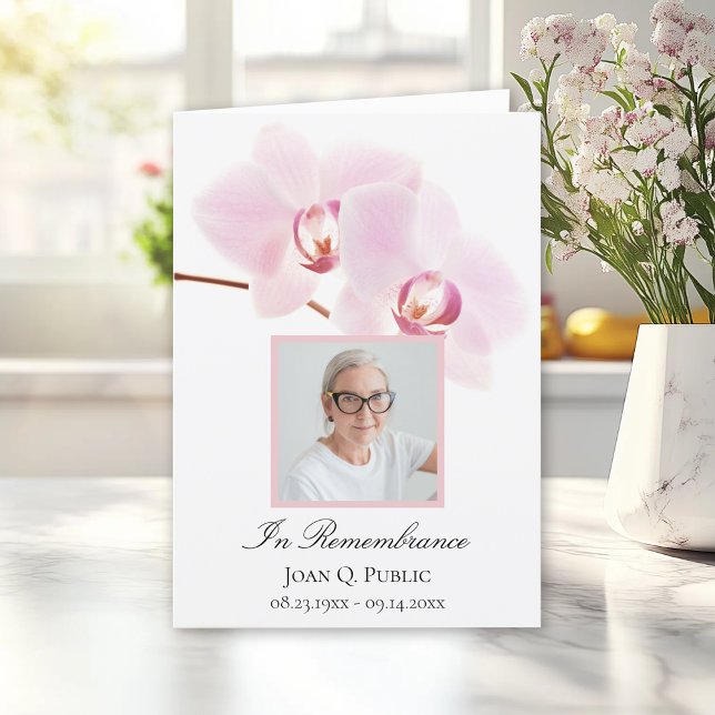Pink Orchid Flower on White Funeral Service Folded Program (Creator Uploaded)