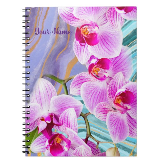 Pink Orchid Flower Purple Marble Personalized Notebook (Front)