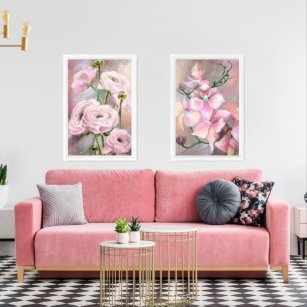 Pink Orchid Flowers and Roses Wall Art Set