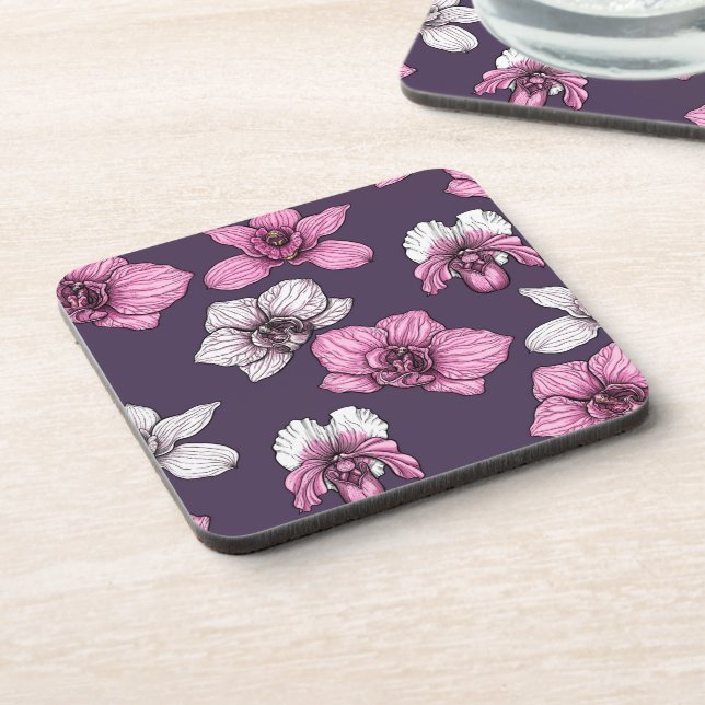 Pink orchid flowers beverage coaster (Left Side)