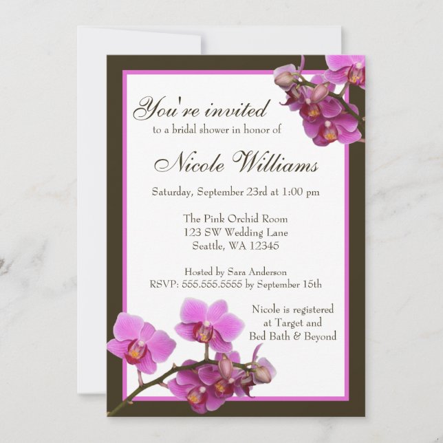 Pink Orchid Flowers Bridal Shower Invitation (Front)
