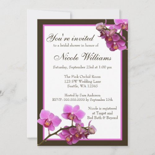 Pink Orchid Flowers Bridal Shower Invitation