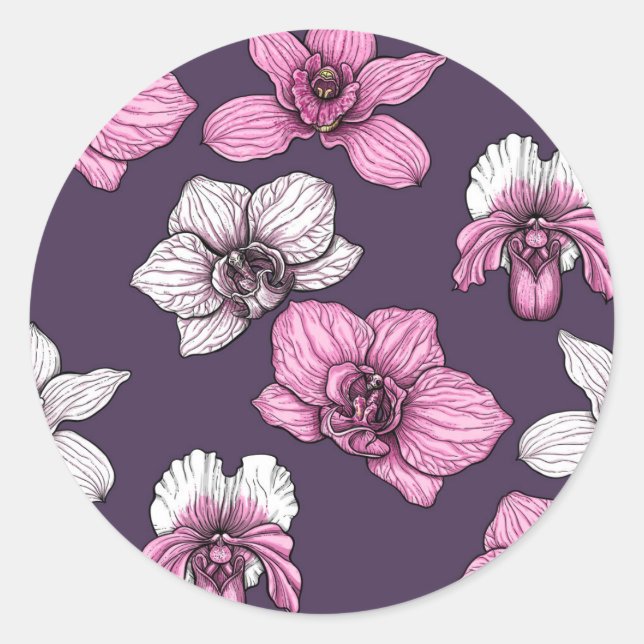 Pink orchid flowers classic round sticker (Front)