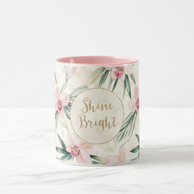 Pink Orchid Flowers Gold Glitter Shine Bright Mug (Center)