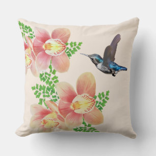 Pink orchid flowers & hummingbird on ivory throw pillow