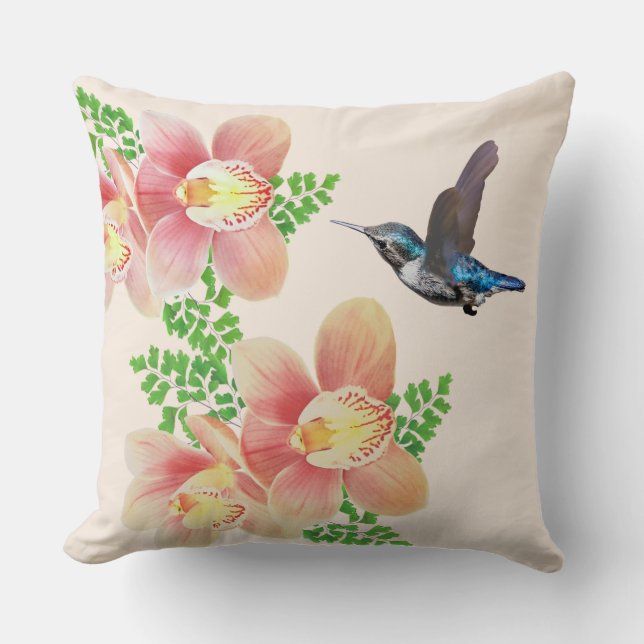 Pink orchid flowers & hummingbird on ivory throw pillow (Front)
