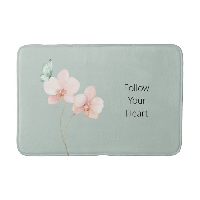 Pink Orchid Flowers Mint Green Butterfly Bath Mat (Front)